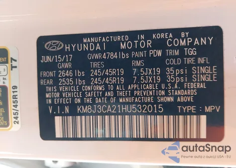 2017 Hyundai Tucson Sport из США, поврежденный, VIN KM8J3CA21HU532015